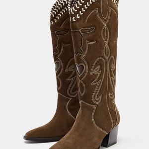 Zara Brown Suede Knee-High Western Heeled Boots